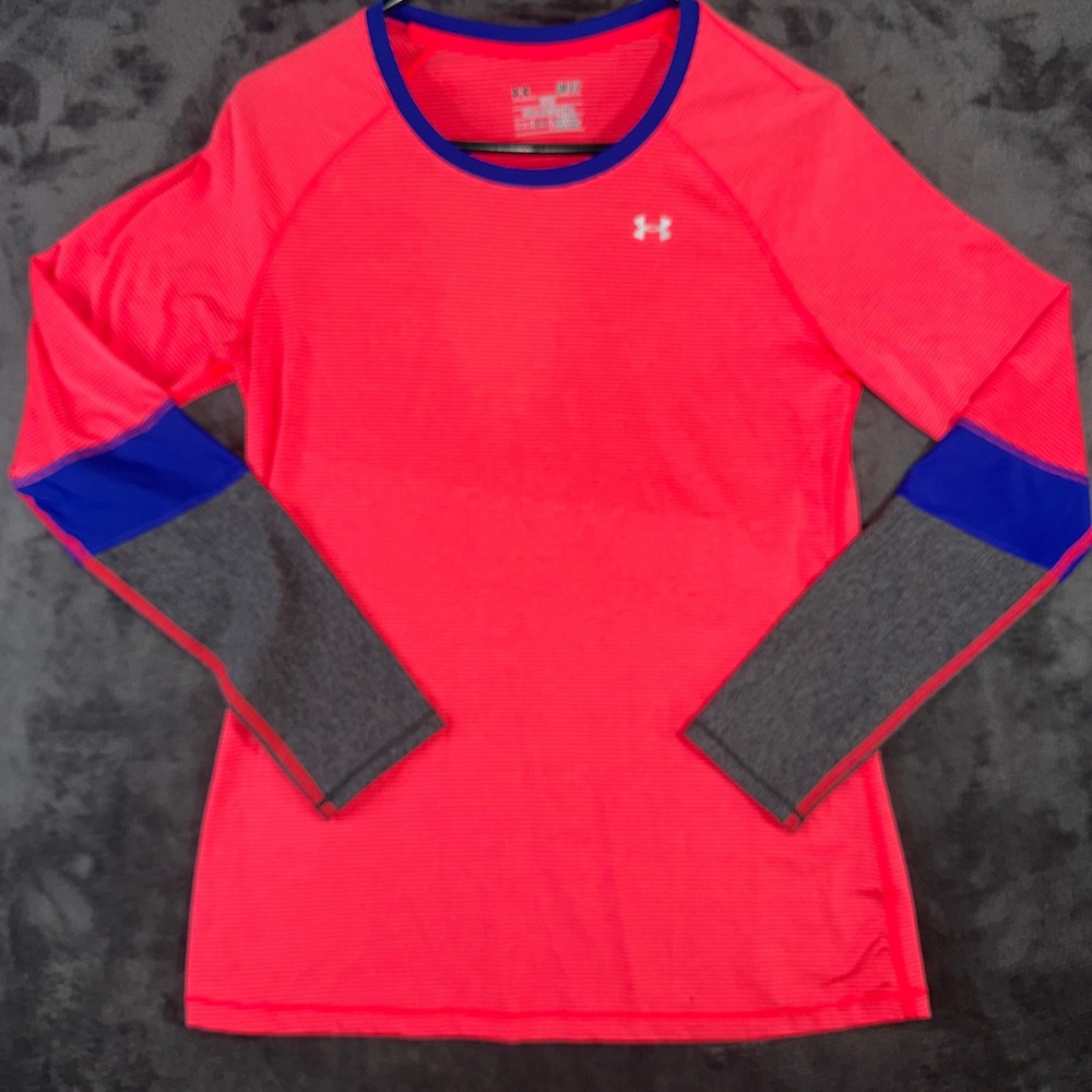Womens Small Under Armour Top Pink Good HeatGear Colorblock Long Sleeve Shirt
